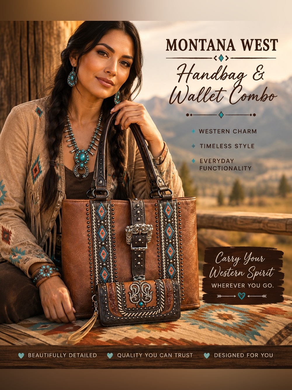 Montana West Brown Leather Tote/wallet combo.
Turquoise & Multicolor Aztec Trim